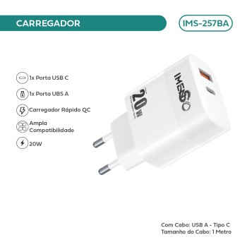 Carregador Imenso 20w C/ 2 Saídas Type-c/usb-a Bivolt C/ Cabo USB A-Type C IMS-257BA