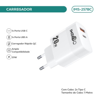 Carregador Imenso 20w C 2 Saídas Type-c/usb-a C/ Cabo Type-c IMS-257BC