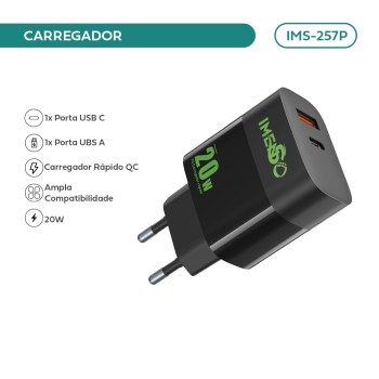 Carregador Imenso 20w C/ 2 Saídas Type-c/usb-a Bivolt IMS-257P