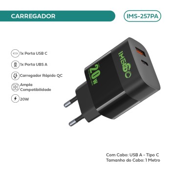 Carregador Imenso 20w C/ 2 Saídas Type-c/usb-a Bivolt C/ Cabo USB A-Type C IMS-257PA