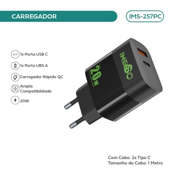Carregador Imenso 20w C/ 2 Saídas Type-c/usb-a Bivolt IMS-257PC