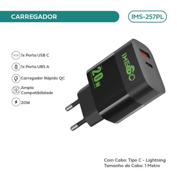 Carregador Imenso 20w C 2 Saídas Type-c/usb-a C/ Cabo Type-Lightning IMS-257PL