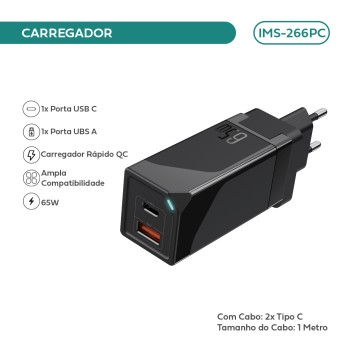 Carregador Imenso 266PC PD 65w Bivolt Gan Tomada Plug Adaptador Fonte C/ Cabo Type-c