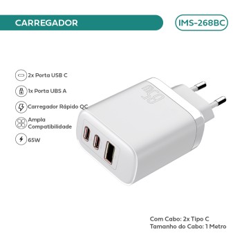 Carregador Imenso 2 Saídas Type-c/ 1x Usb-a C/ Cabo Type-c IMS-268BC