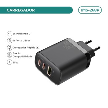 Carregador Imenso 65w C/ Saídas Type-c/ 1x Usb-a Bivolt Cor Preto IMS-268P