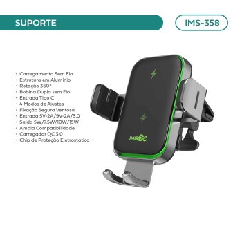Suporte Veicular C/ Carregamento S/ Fio Rotação 360° Imenso Cor Preto  IMS-358