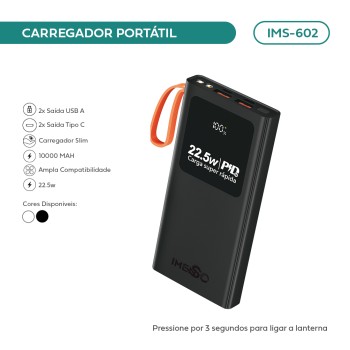 Power Bank 10000mAh 22.5W c/ Display Digital Turbo Preto IMS-602