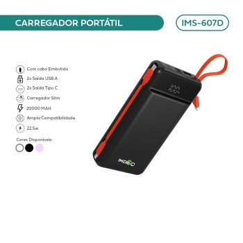 Power Bank 20000mAh 22.5W c/ Display Digital Turbo Preto IMS-607D
