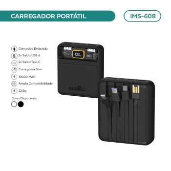 Power bank Imenso 10000mah 22.5w Compacto Preto IMS-608