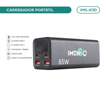 Carregador Portátil Imenso Slim Ultra Rápido 65w 20000mah IMS-611D