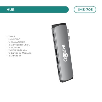 Adaptador Hub Imenso 7 Portas 2x Usb-a 2 Type-c Microsd Hdmi IMS-705