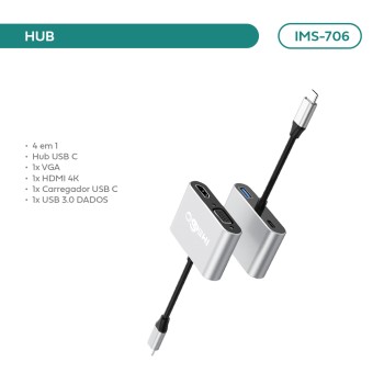 Adaptador Hub Imenso 4 Portas 1 Hdmi 1 Vga 1 Usb-a 1 Type-c Cor Cinza IMS-706