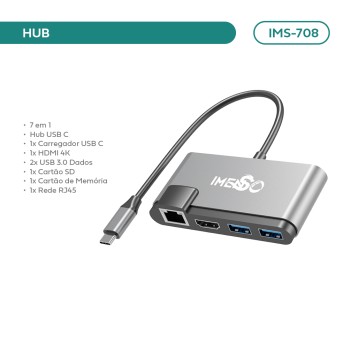 Adaptador Hub Imenso 7 Portas 2 Usb-a 1 Hdmi 1 Rj45 1 Usb-c Cor Cinza IMS-708