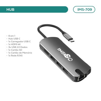 Adaptador Hub Imenso 8 Portas 1 Hdmi 1 Type-c 1 Rj45 IMS-709