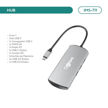Adaptador Hub Imenso 9 Portas 3 Usb-a 1 Hdmi 1 Type-c Cor Cinza IMS-711