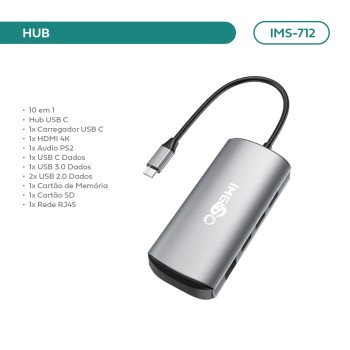 Adaptador Hub Imenso 10 Portas 3 Usb-a 1 Rj45 1 Hdmi 1 Usb-c IMS-712
