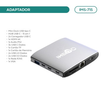 Adaptador Hub Imenso Quadrado 14 Portas Em 1 Alumínio Usb-c IMS-715