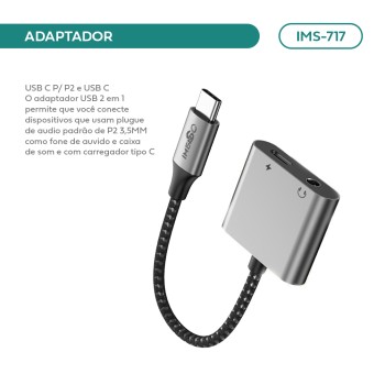 Adaptador Imenso USB-C para Fone P2 + Carregamento USB-C IMS-717
