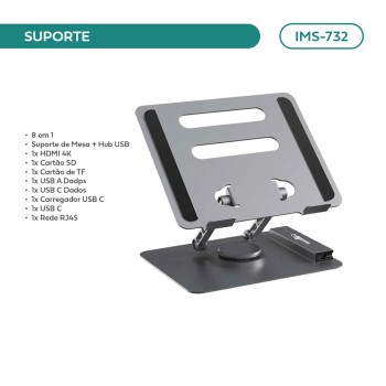 Suporte Imenso Notebook/tablet C/ Hub Rotação 360° Cor Alumínio IMS-732