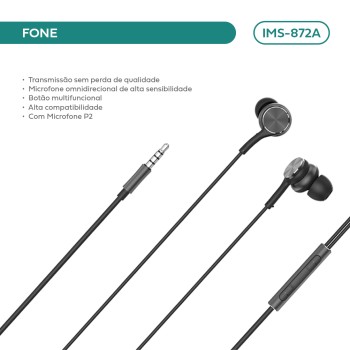Fone De Ouvido Intra Auricular C/ Fio C/ Mic P2 IMS-872A