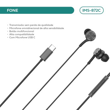 Fone De Ouvido Intra Auricular C/ Fio C/ Mic C/ Type-c Cor Preto
