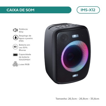 Caixa De Som Portátil Bluetooth Imenso 8h 60w Ipx5 Cor Preto 110v/220v IMS-X12