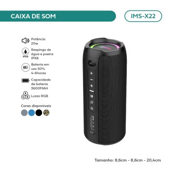 Caixa Som Bluetooth Portatil Aux Usb 20w Rapido Cor Preto 110v/220v IMS-X22