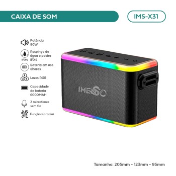Caixa De Som Bluetooth Imenso 80w Ipx4 Bivolt C/ 2 Mic IMS-X31