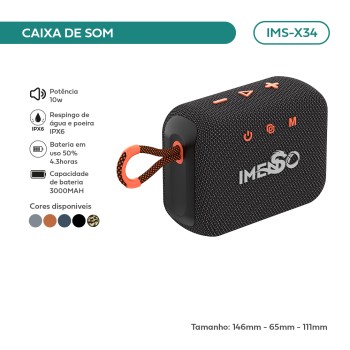 Caixa De Som Portátil Bluetooth Imenso 10w 3000mah Ipx6 Cor Preto 110v/220v IMS-X34