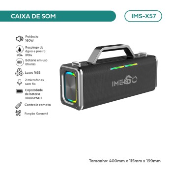 Caixa De Som Bluetooth Imenso 160w 18000mAh IPX4 2 Mic Controle Cor Preto 110v 220v IMS-X57