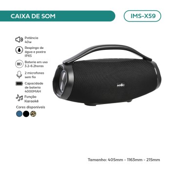 Caixa De Som Imenso Bass Boost 40w 4000mAh IPX5 Cor Preto RGB 110v/220v IMS-X59
