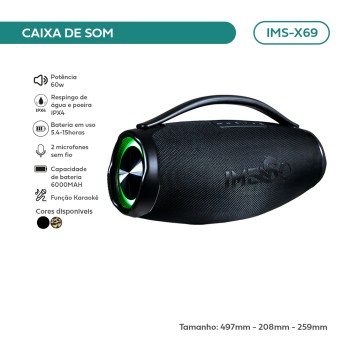 Caixa De Som Imenso 80w RMS Bluetooth 5.3 IPX4 6000mAh Bivolt RGB c/ 2 Microfones s/ Fio IMS-X69